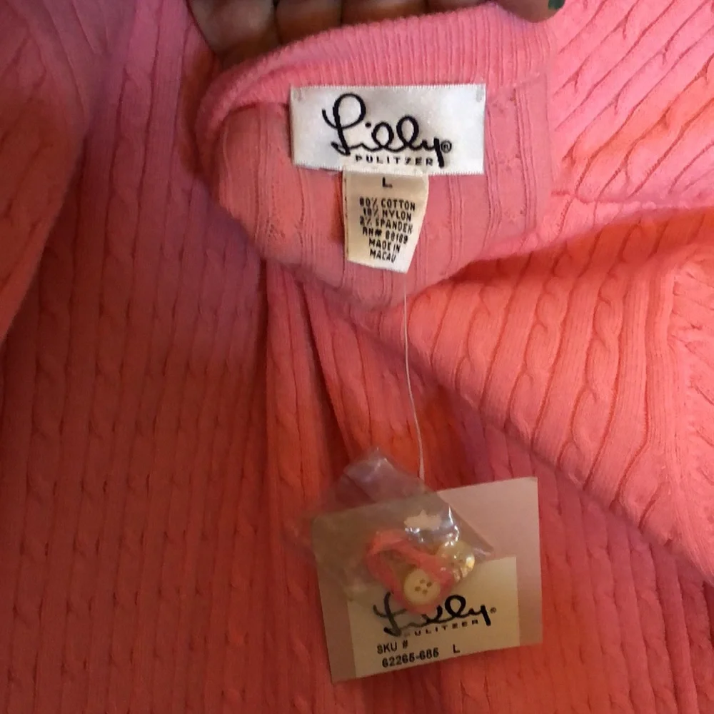 NEW!! Lilly Pulitzer pink cotton sweater cable knit design NWT cardigan sz. Lrg - Picture 5 of 6